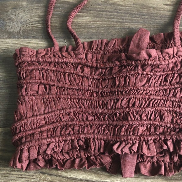 NWT Urban Outfitters Chelsea Linen Blend Smocked Ruched Crop Top Tank Brown - Picture 6 of 12